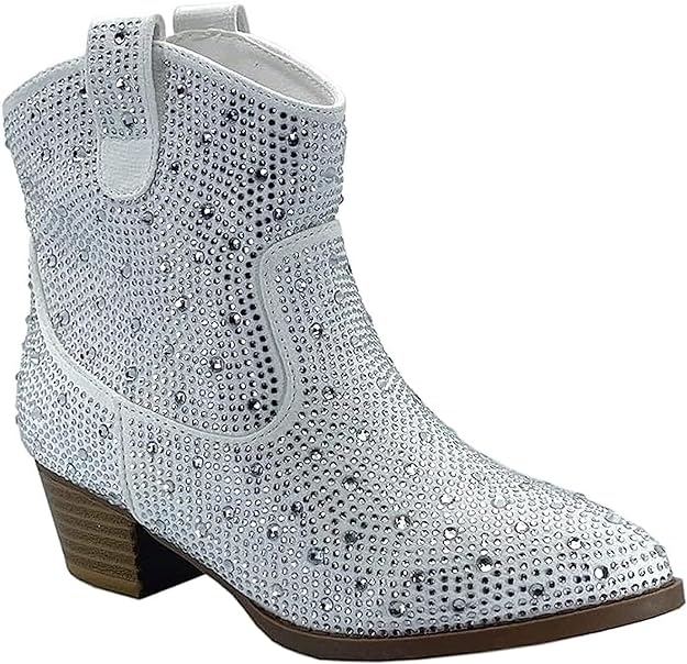 Forever River-01K Girls Rhinestone Cowboy Boots Kids Low Heel Dress Booties