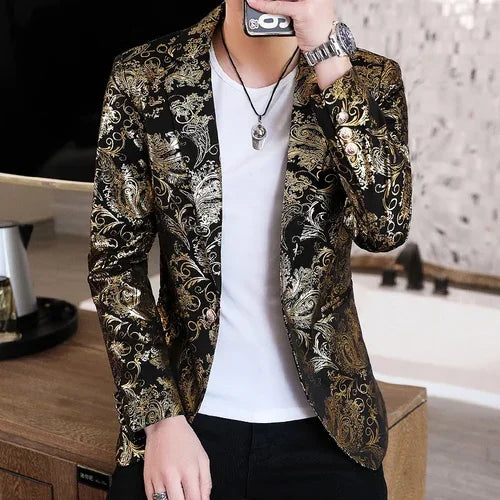 Nukty Gold Blazer Spring New Bronzing Men Slim Fit Suit Jacket for Wedding Nightclub Stage Party