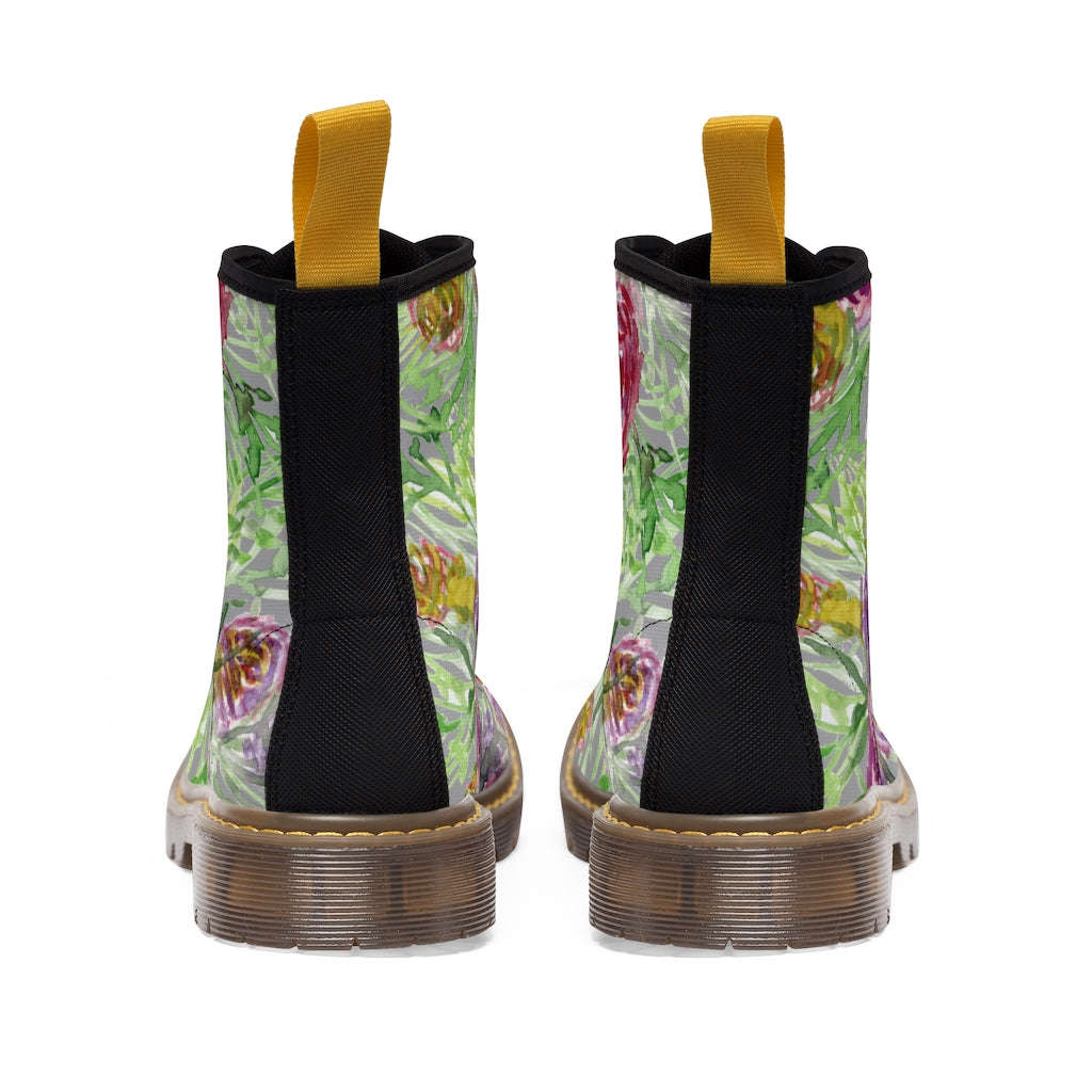Grey Yellow Floral Women's Boots - Rose Flower Print Combat Boots