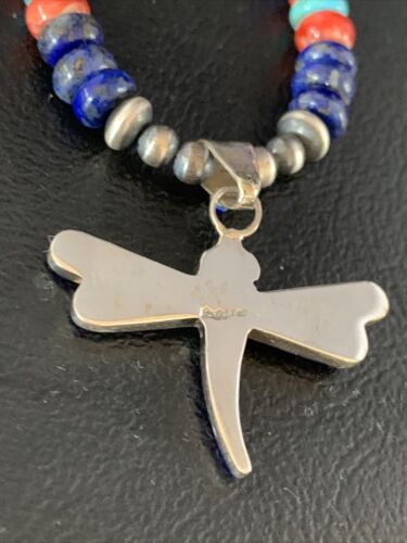 Handcrafted Blue Turquoise Spiny Lapis Oyster Dragonfly Pendant Sterling Silver Necklace