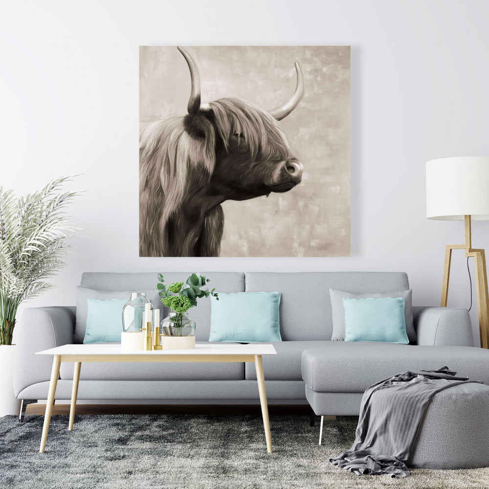 Beautiful Highland Cattle Sepia Fine Art Gallery Wrapped Canvas 36x36