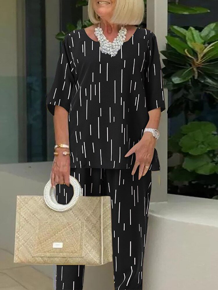 Anokhinaliza Women's Elegant Office Casual Two Piece Set with Printed Loose Pants