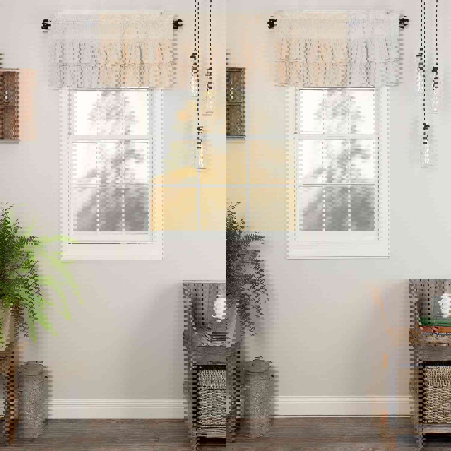 Simple Life Flax Natural Ruffled Valance 16x60 - Farmhouse Style Window Treatment