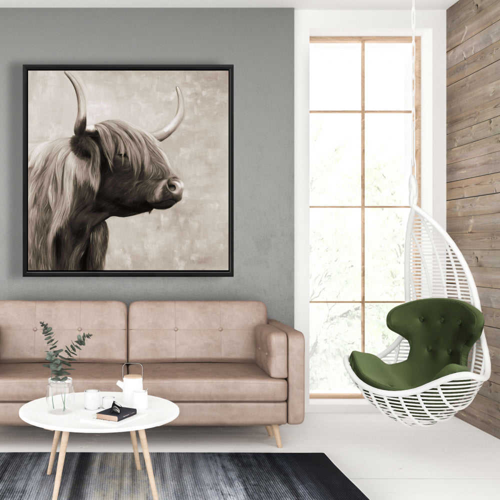 Beautiful Highland Cattle Sepia Fine Art Gallery Wrapped Canvas 36x36