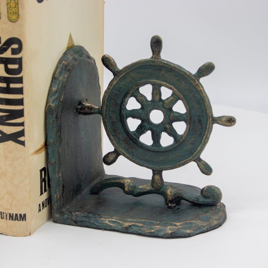Vintage Nautical Ship Wheel Bookends - Solid Cast Iron Pair