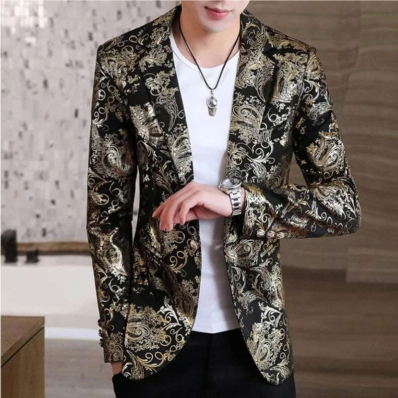 Nukty Gold Blazer Spring New Bronzing Men Slim Fit Suit Jacket for Wedding Nightclub Stage Party