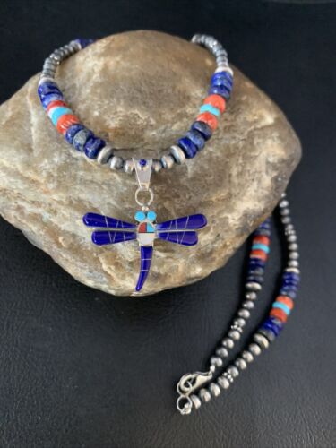 Handcrafted Blue Turquoise Spiny Lapis Oyster Dragonfly Pendant Sterling Silver Necklace