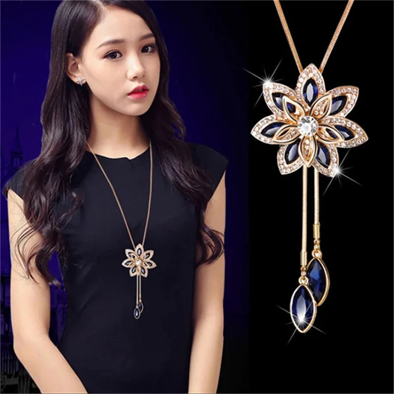 Snowflake Choker Sweaterchain Tassel Necklace for Women - Delicate Flower Crystal Pendant