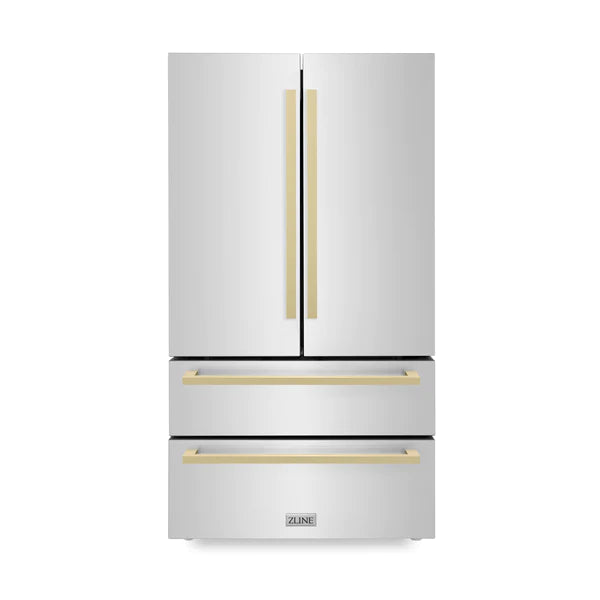 ZLINE 36 in. Autograph Edition 22.5 cu. ft 4-Door French Door Refrigerator with Ice Maker in Stainless Steel with Champagne Bronze Square Handles