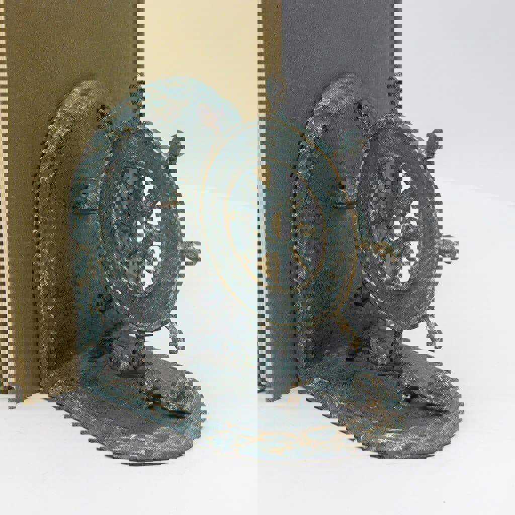 Vintage Nautical Ship Wheel Bookends - Solid Cast Iron Pair