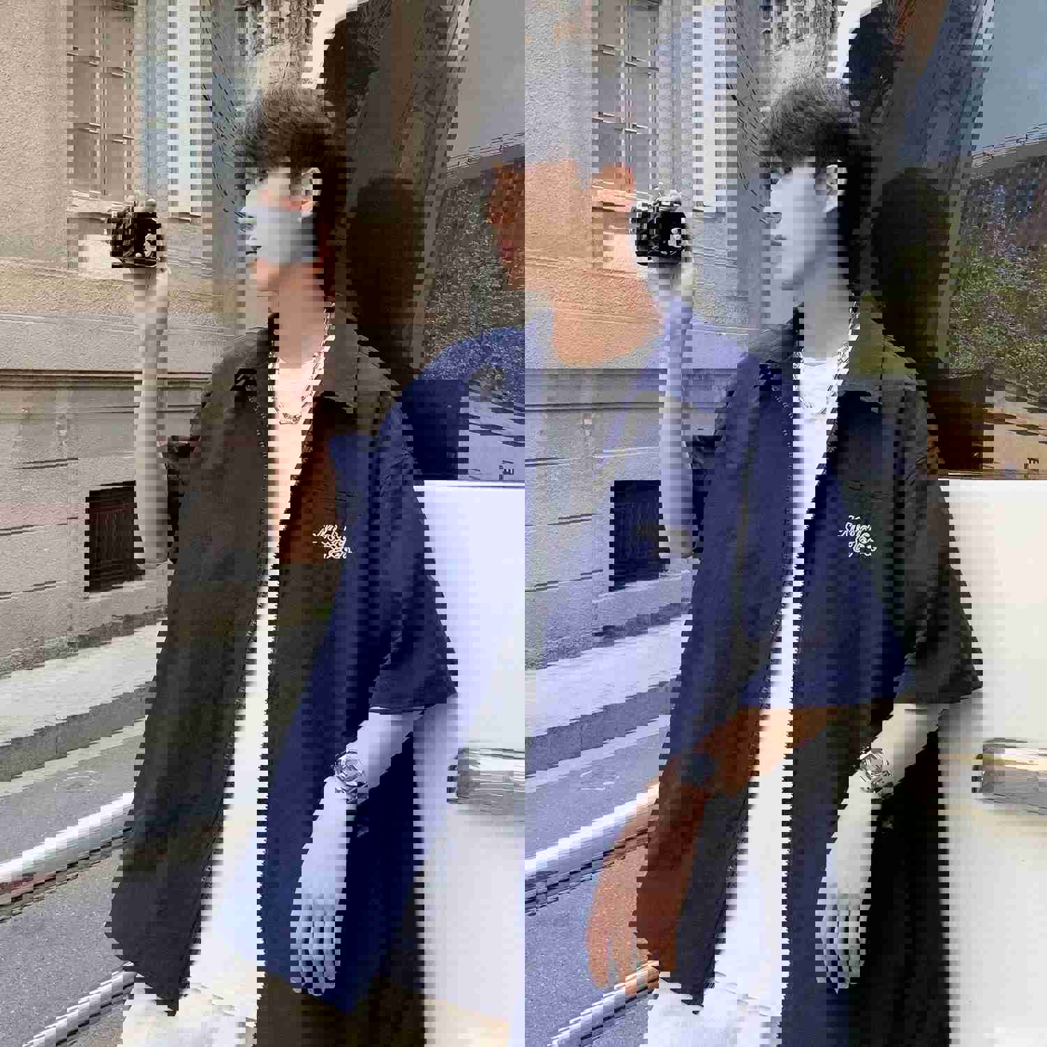 Men's Korean Fashion Short Sleeve Letter Embroidery Loose Tops Shirt