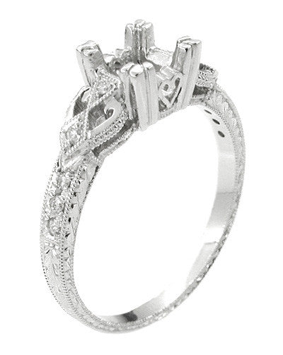 Loving Hearts Art Deco 1 Carat Round or Princess Cut Diamond Engraved Antique Style Platinum Engagement Ring Setting