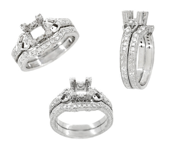 Loving Hearts Art Deco 1 Carat Round or Princess Cut Diamond Engraved Antique Style Platinum Engagement Ring Setting