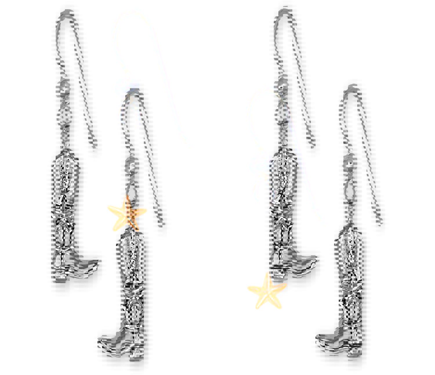 Handmade Western Texas Boot Earrings in Sterling Silver with 14k Gold Star Accent