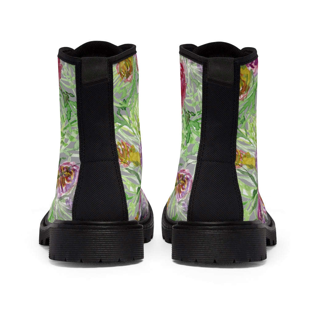 Grey Yellow Floral Women's Boots - Rose Flower Print Combat Boots