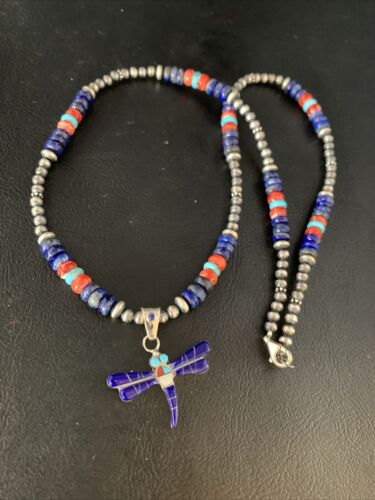 Handcrafted Blue Turquoise Spiny Lapis Oyster Dragonfly Pendant Sterling Silver Necklace