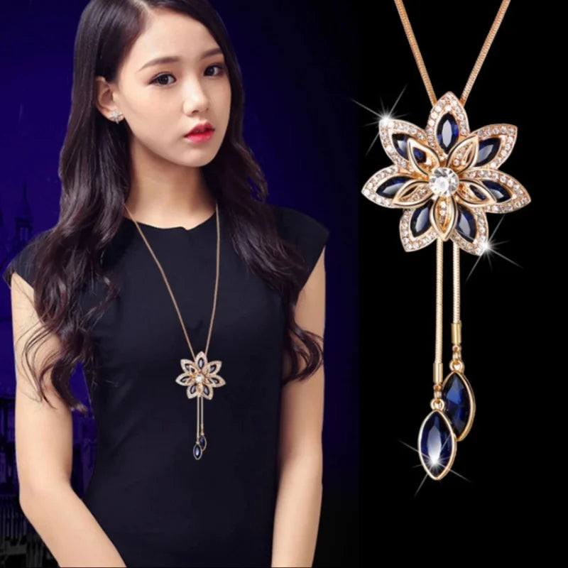 Snowflake Choker Sweaterchain Tassel Necklace for Women - Delicate Flower Crystal Pendant
