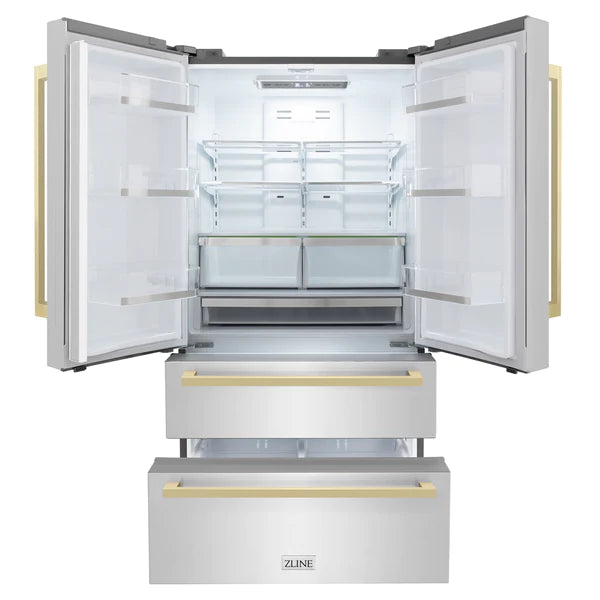 ZLINE 36 in. Autograph Edition 22.5 cu. ft 4-Door French Door Refrigerator with Ice Maker in Stainless Steel with Champagne Bronze Square Handles