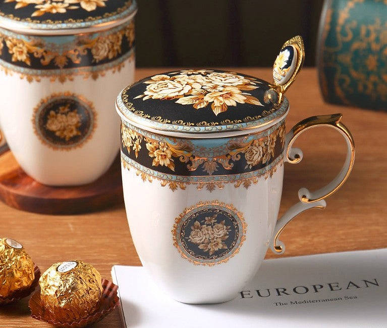 Elegant British Ceramic Coffee Mug with Spoon, Large Capacity Royal Bone China Porcelain Mug