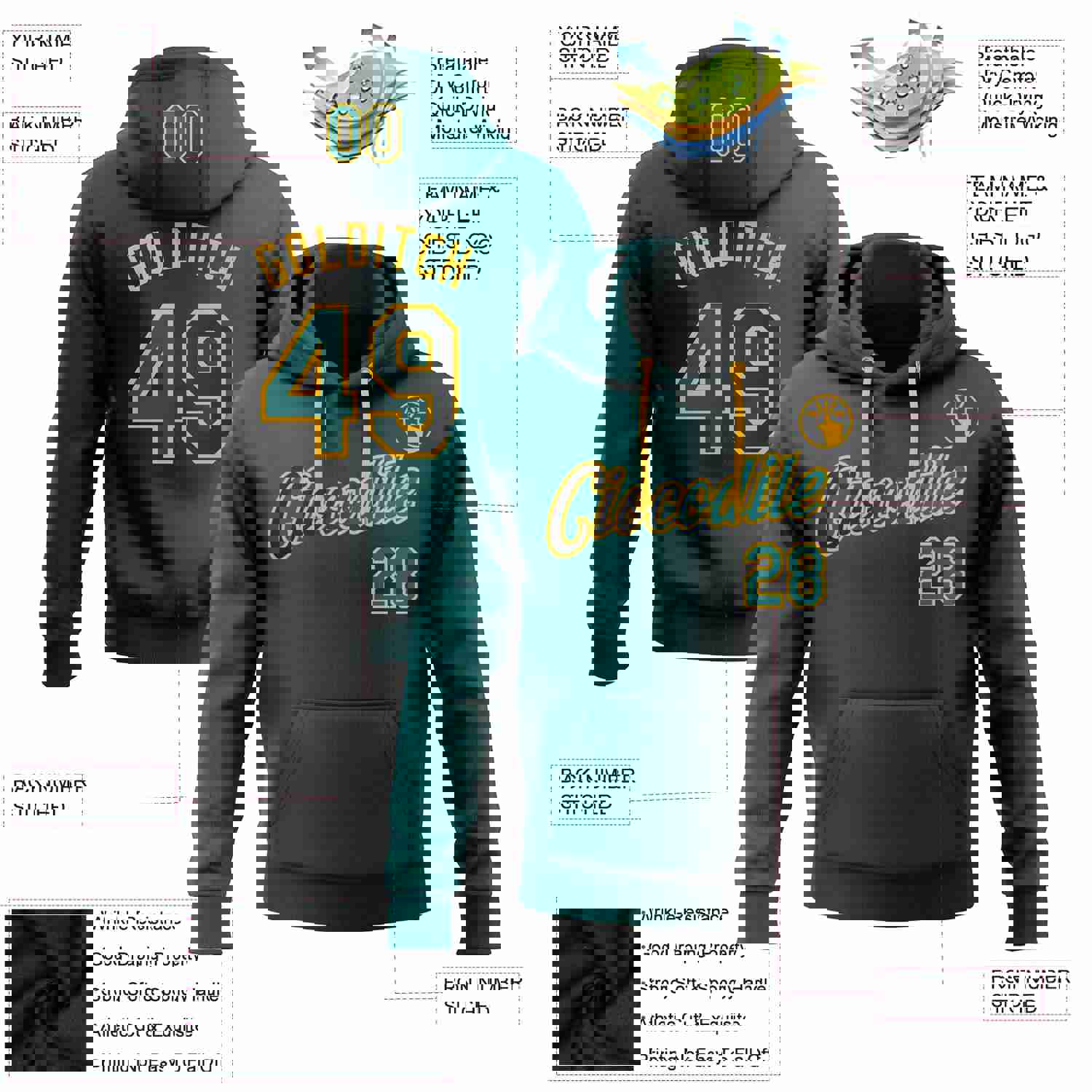 Custom Stitched Black Teal-Gold Gradient Sports Hoodie