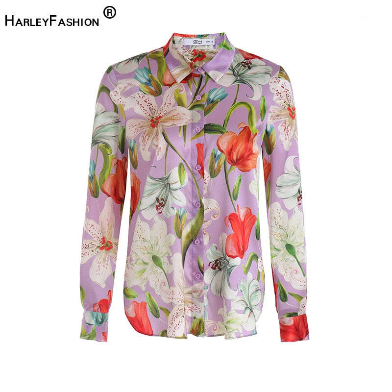 HarleyEuropean American High Street Design Women's Floral Print Silk Blouse