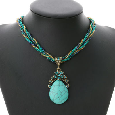 Bohemian Style Multilayer Beads Chain Crystal Gem Pendant Necklace for Women