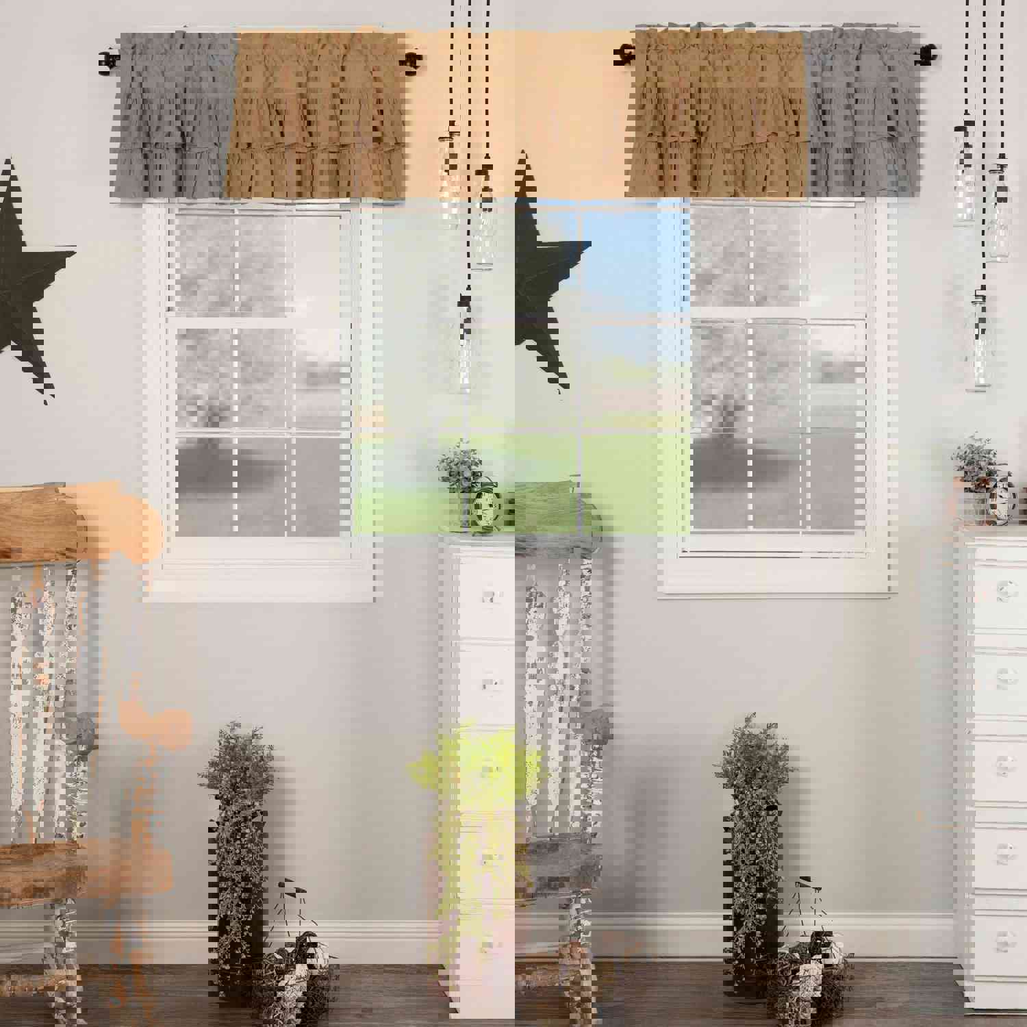 Simple Life Flax Khaki Ruffled Valance 16x72 - Farmhouse Home Decor