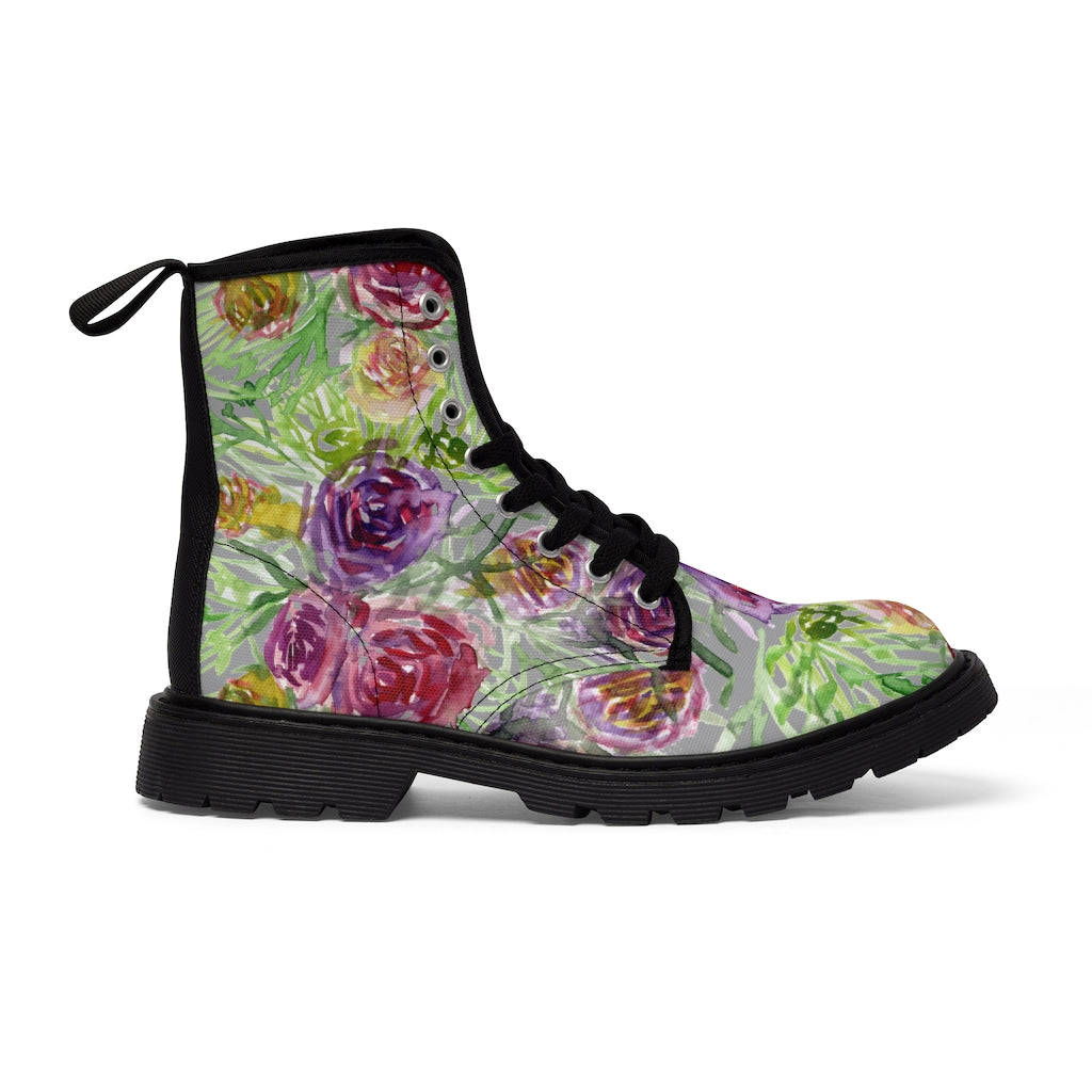 Grey Yellow Floral Women's Boots - Rose Flower Print Combat Boots