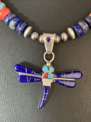 Handcrafted Blue Turquoise Spiny Lapis Oyster Dragonfly Pendant Sterling Silver Necklace