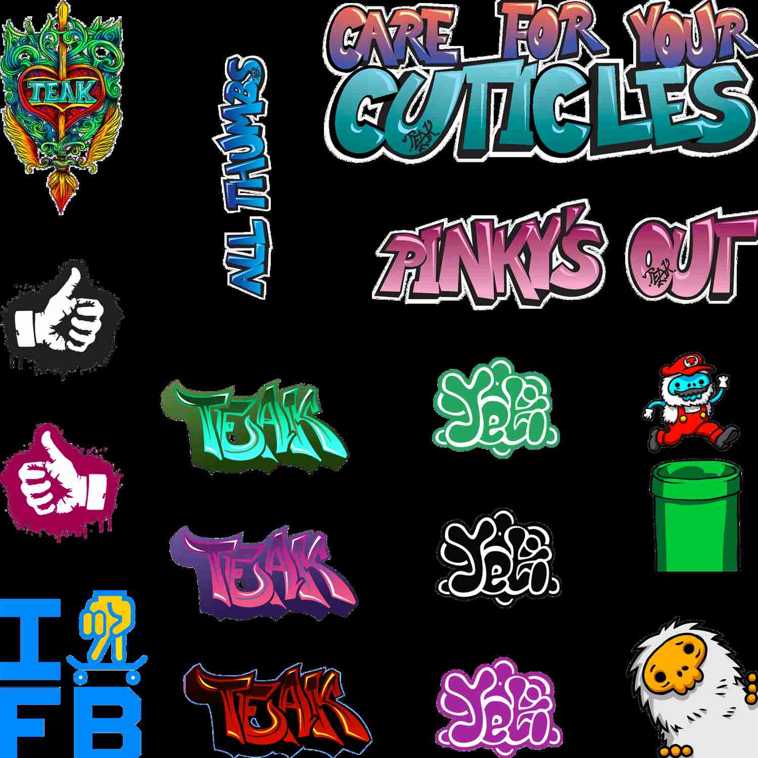 Teak Graffiti & Tags Die Cut Sticker Sheet - 17 Peel & Stick Decals 5x5.5