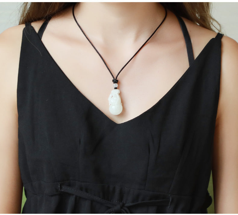 Xinjiang Hetian White Jade Ruyi Gourd Pendant Necklace for Men and Women