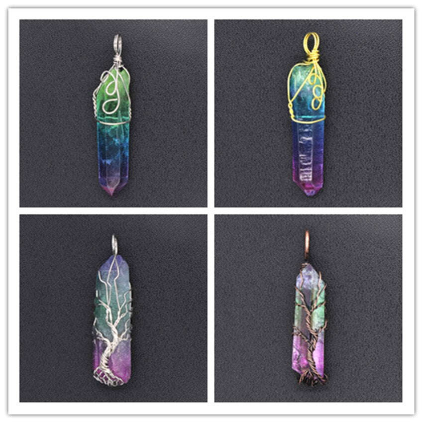 Handmade Wire Wrap Irregular Shape Rock Crystal Dyed Colorful Pendant