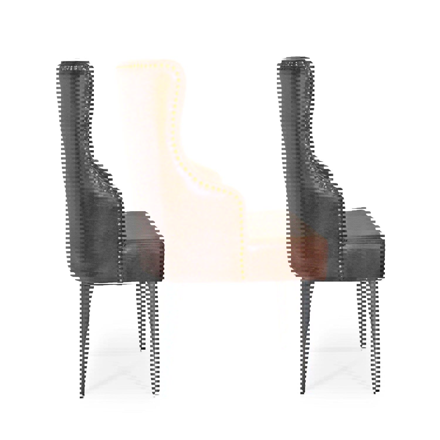 Farmhouse Luxury Dining Chair - Tufted Brown Leather - Metal Legs - Pair