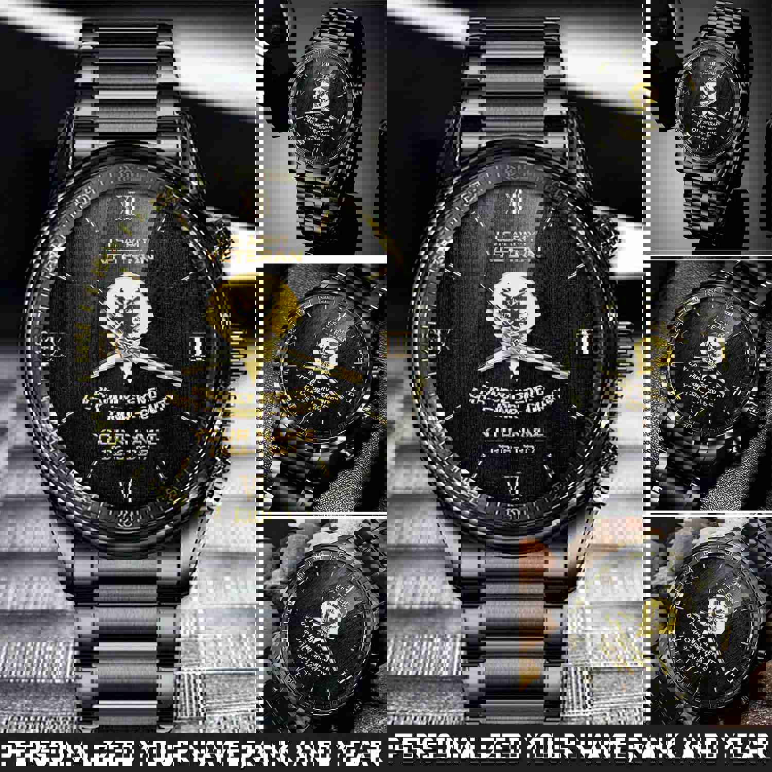 Military Black And Gold Fashion Watch US Army Veteran Personalized Gift