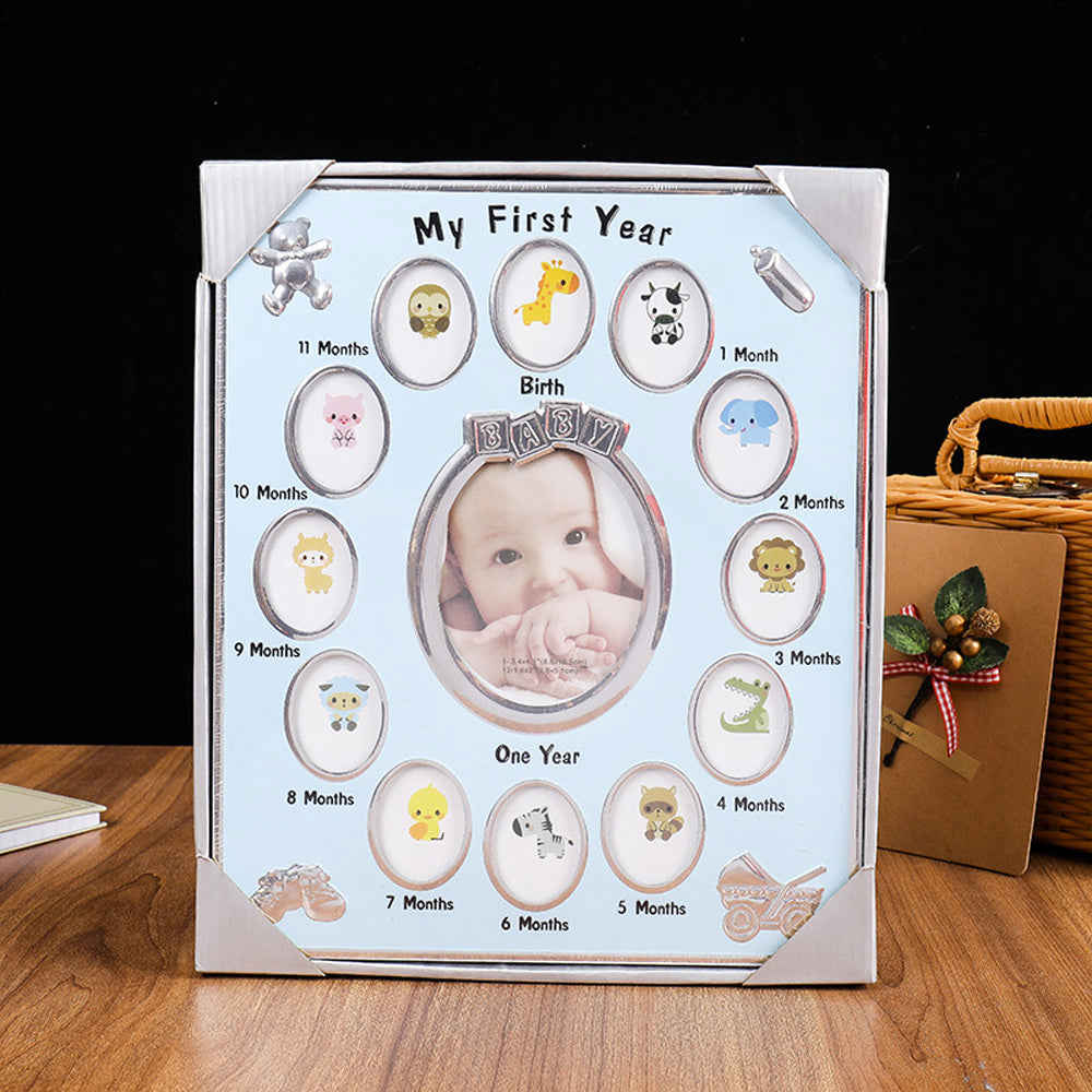 Baby's First Year Picture Photo Frame - Newborn Baby Shower Gift (Blue)