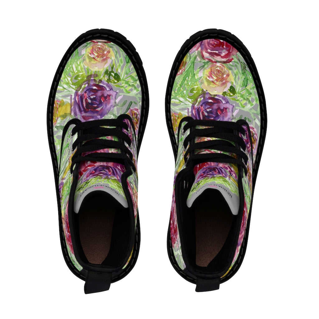 Grey Yellow Floral Women's Boots - Rose Flower Print Combat Boots