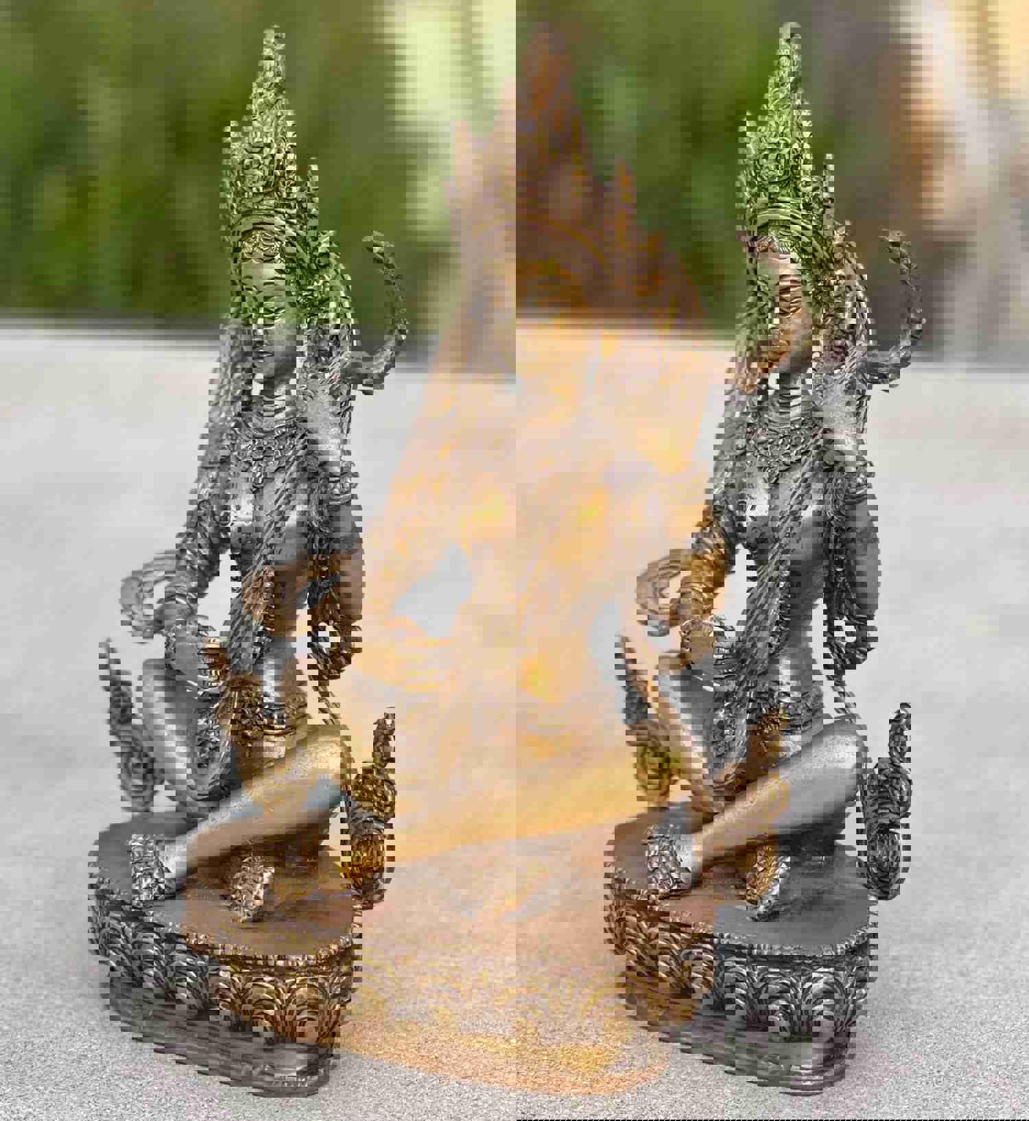 Goddess Of Music and Wisdom Yangchenma Saraswati Statue - Solid Brass Antique Finish, 8 Inches Tall