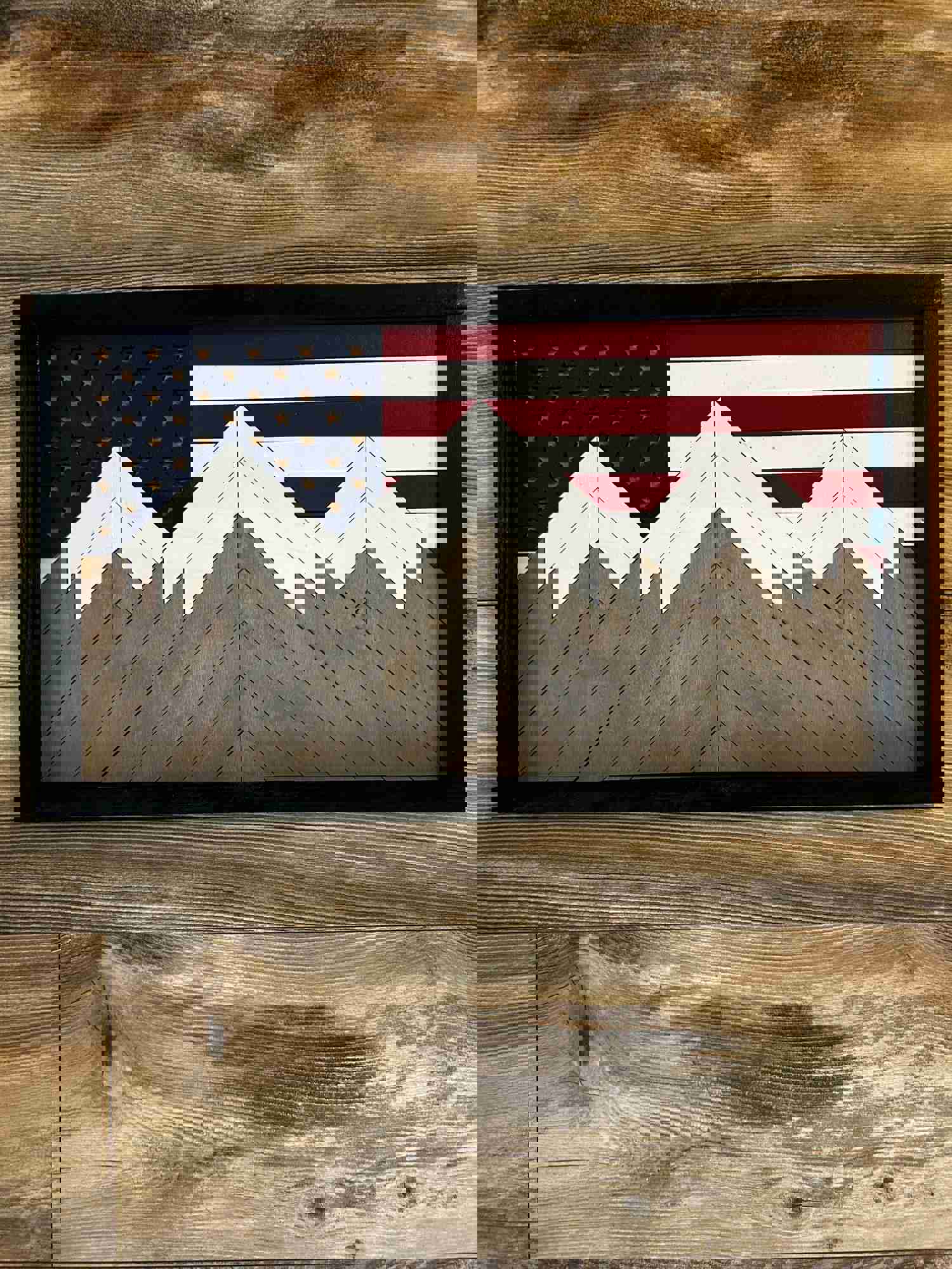 Rustic American Flag Mountain Mosaic Flag - Handmade Wood Wall Art