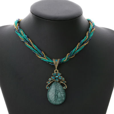 Bohemian Style Multilayer Beads Chain Crystal Gem Pendant Necklace for Women