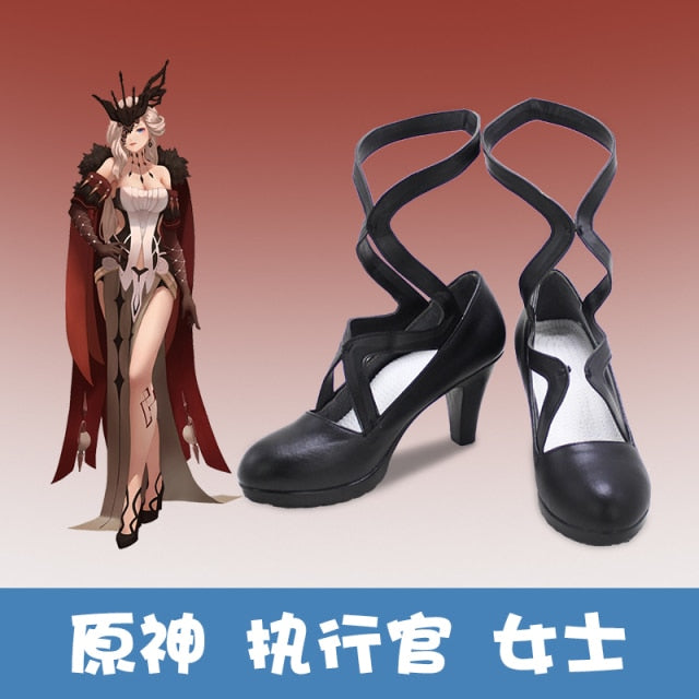 Genshin Impact Fatui Executive Officer NPC Cosplay Shoes with Yellow Wigs and La Signora Accessories