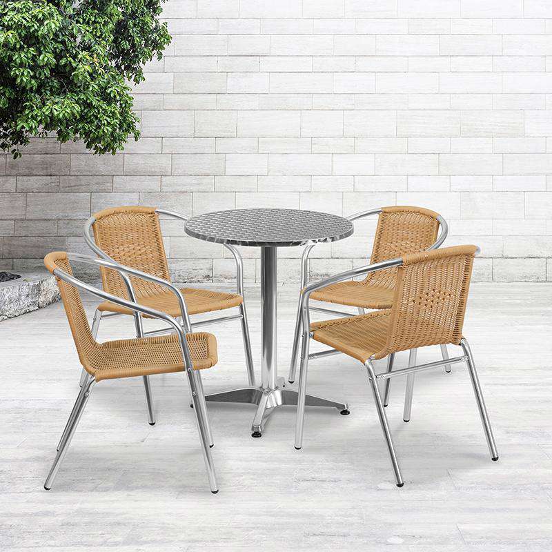 Flash Furniture 23.5" Round Aluminum Indoor-Outdoor Table Set with 4 Beige Rattan Chairs
