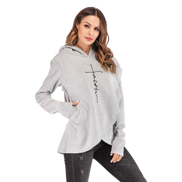 Trendy Faith Print Hoodie Pullover Sweater Top