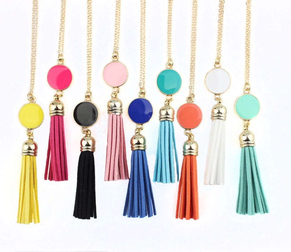 Monogram Blanks Enamel Disc Long Chain Pendant Necklace for Women - Personalized Fashion Jewelry