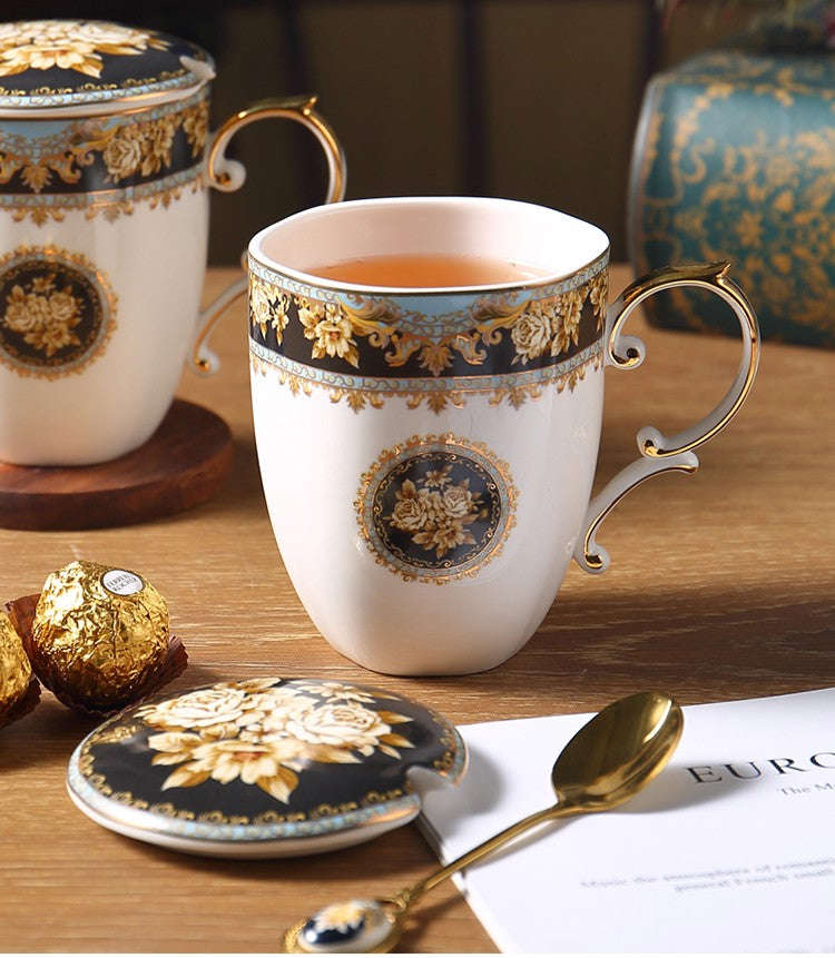 Elegant British Ceramic Coffee Mug with Spoon, Large Capacity Royal Bone China Porcelain Mug