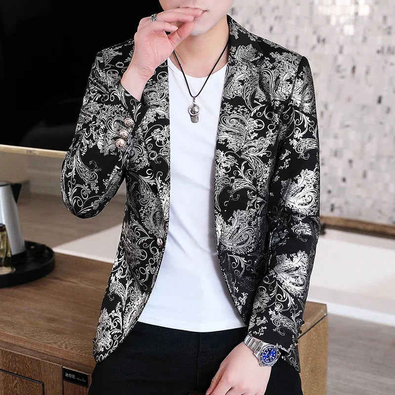Nukty Gold Blazer Spring New Bronzing Men Slim Fit Suit Jacket for Wedding Nightclub Stage Party