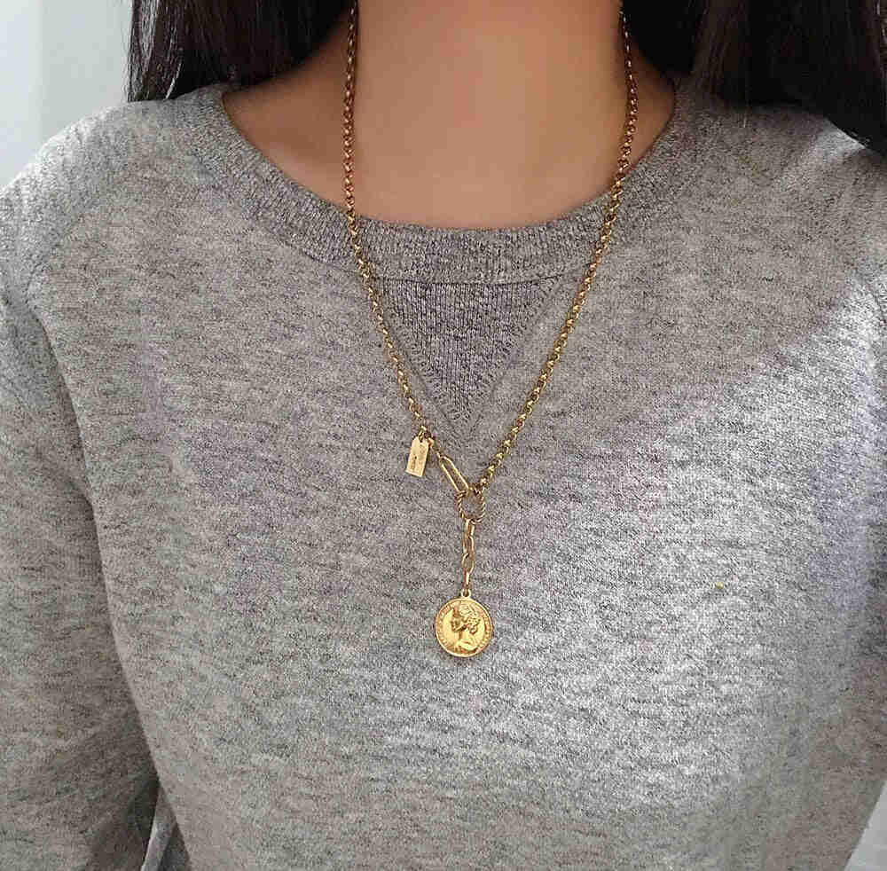 Stainless Steel Elizabeth Coin Pendant Necklace for Women - Thin Chain Round Bump Coin Choker Necklace