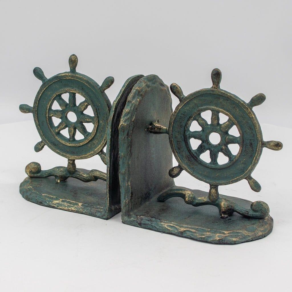 Vintage Nautical Ship Wheel Bookends - Solid Cast Iron Pair