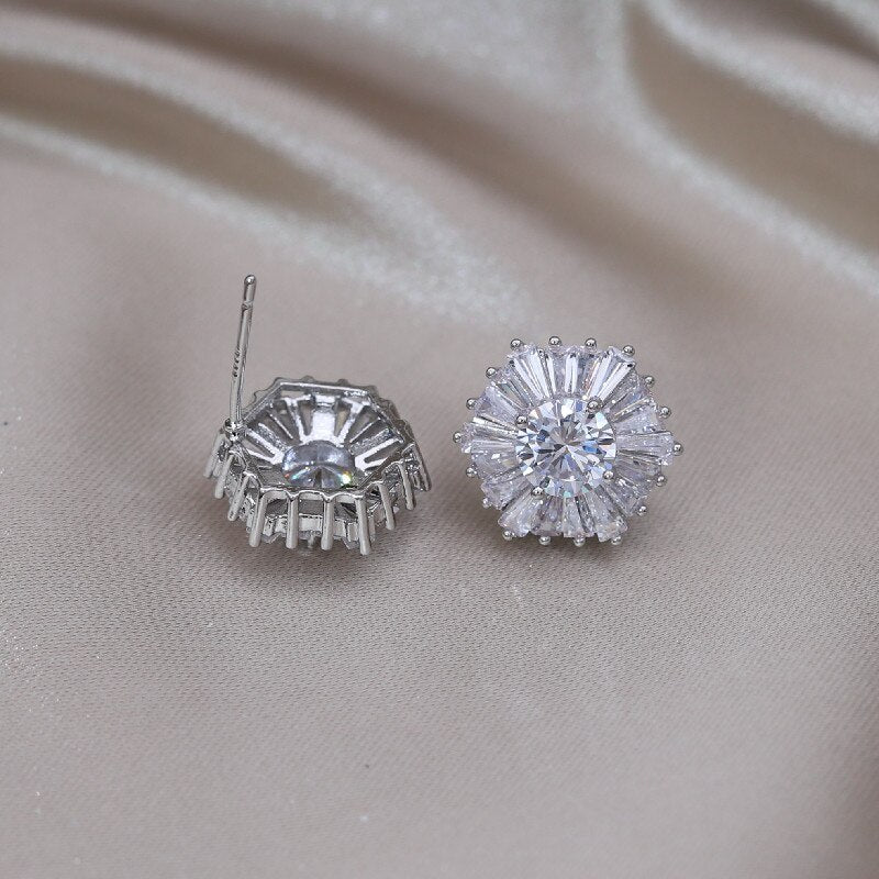 Korea Design Geometric Earrings for Women - Silver Color Copper Zircon Stud Earrings