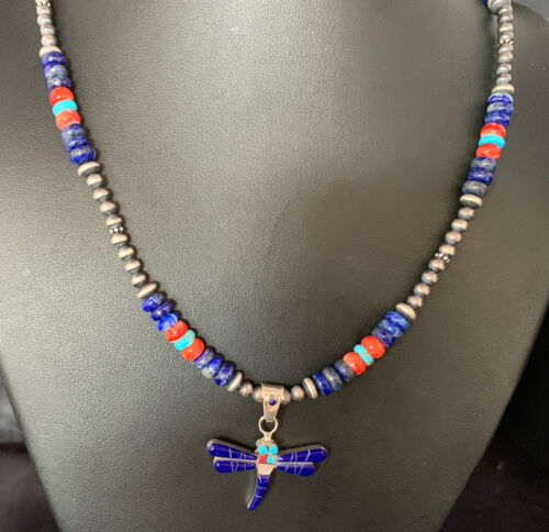 Handcrafted Blue Turquoise Spiny Lapis Oyster Dragonfly Pendant Sterling Silver Necklace