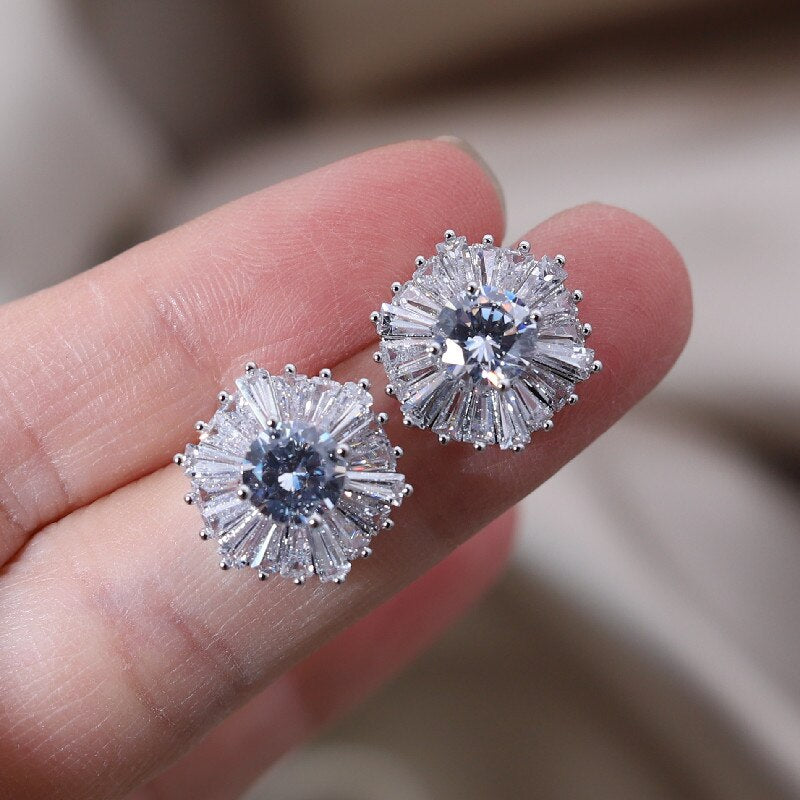 Korea Design Geometric Earrings for Women - Silver Color Copper Zircon Stud Earrings